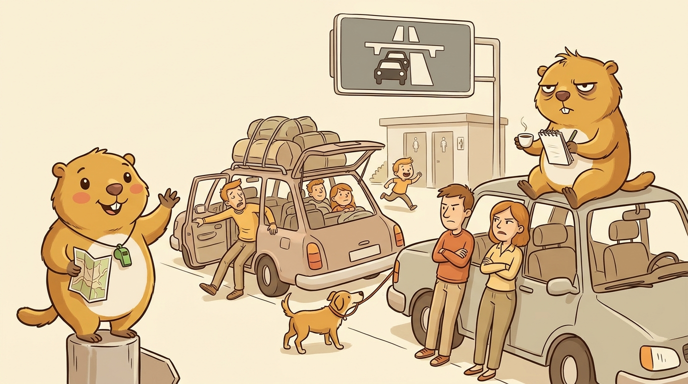 Handgezeichnete Kinderbuch-Szene: ein Autobahn-Rastplatz, zwei vollgepackte Familienautos parken schief nebeneinander. Eine Familie steigt gerade erst aus und streckt sich, die andere wartet genervt mit verschränkten Armen neben dem Auto, ein Kind rennt zur Toilette, ein Hund zerrt an der Leine. Über allem eine große Anzeigetafel mit Stau-Symbol. Murmeli steht auf einem Leitpfosten mit Trillerpfeife und einer Landkarte und winkt beruhigend, Grummeli sitzt auf dem Autodach mit Espresso und führt Strichliste. Familien-Sprechblase aus dem ersten Auto: 'Wir sind gleich da!', Grummelis Kommentar daneben: 'Das war vor zwei Stunden. Strich.'