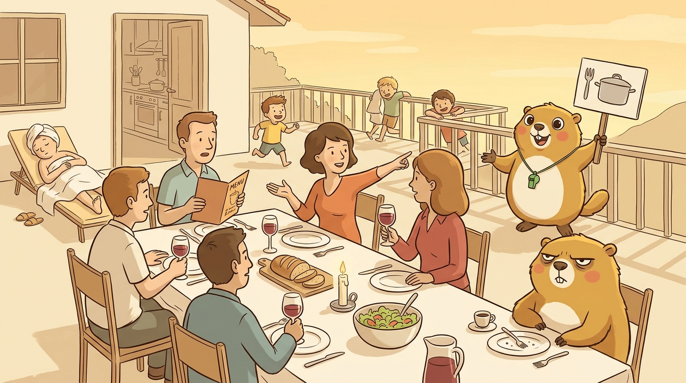 Handgezeichnete Kinderbuch-Szene: Die Terrasse eines Ferienhauses bei Abenddämmerung. Ein großer Tisch mit Weingläsern, Brot und einem Salatschüssel — Erwachsene sitzen, Kinder toben im Hintergrund. Ein Elternteil hält eine Speisekarte, ein anderer zeigt auf die Küche. Murmeli steht auf dem Terrassengeländer und hält ein Schild mit Gabel und Kochtopf. Grummeli sitzt am Tischende mit Espresso und vollendetem Teller, deadpan.