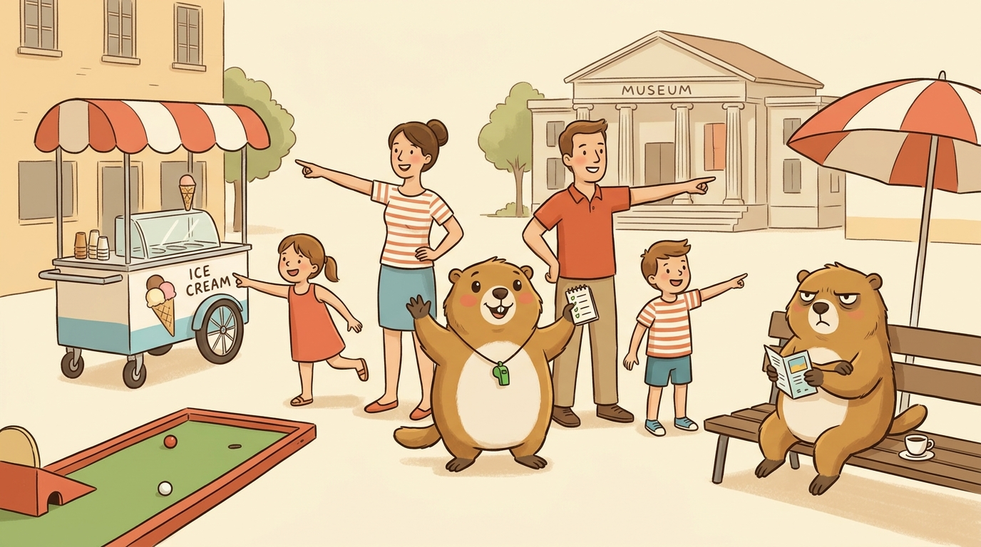 Handgezeichnete Kinderbuch-Szene: Eine Familie steht auf einem sonnigen Dorfplatz und zeigt in vier komplett verschiedene Richtungen — Museum, Strand, Eiscreme-Wagen, Minigolf. Murmeli steht mittendrin mit einem Notizbuch, Grummeli sitzt auf einer Bank mit verschränkten Armen und einem Espresso.