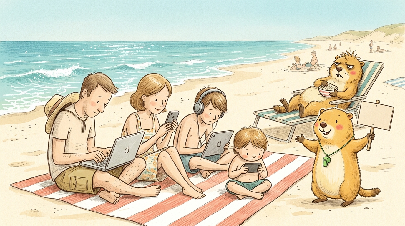 Handgezeichnete Kinderbuch-Szene: Ein sonniger Strandabschnitt. Auf einer Strandmatte sitzt eine Familie — alle schauen auf ihre eigenen Bildschirme. Vater tippt auf dem Laptop, Mutter bearbeitet ein Foto auf dem Handy, älteres Kind hat Kopfhörer auf und ein Tablet auf den Knien, kleines Kind hält ein Handy. Im Hintergrund das glitzernde Meer, das niemand ansieht. Murmeli steht am Rand mit einer Trillerpfeife und einem kleinen Schild 'Abstimmung: Meer oder Bildschirm?'. Grummeli sitzt dahinter auf einem Liegestuhl mit Sonnenbrille, Popcorn und einem Buch mit dem Titel 'Digitaldetox für andere'.