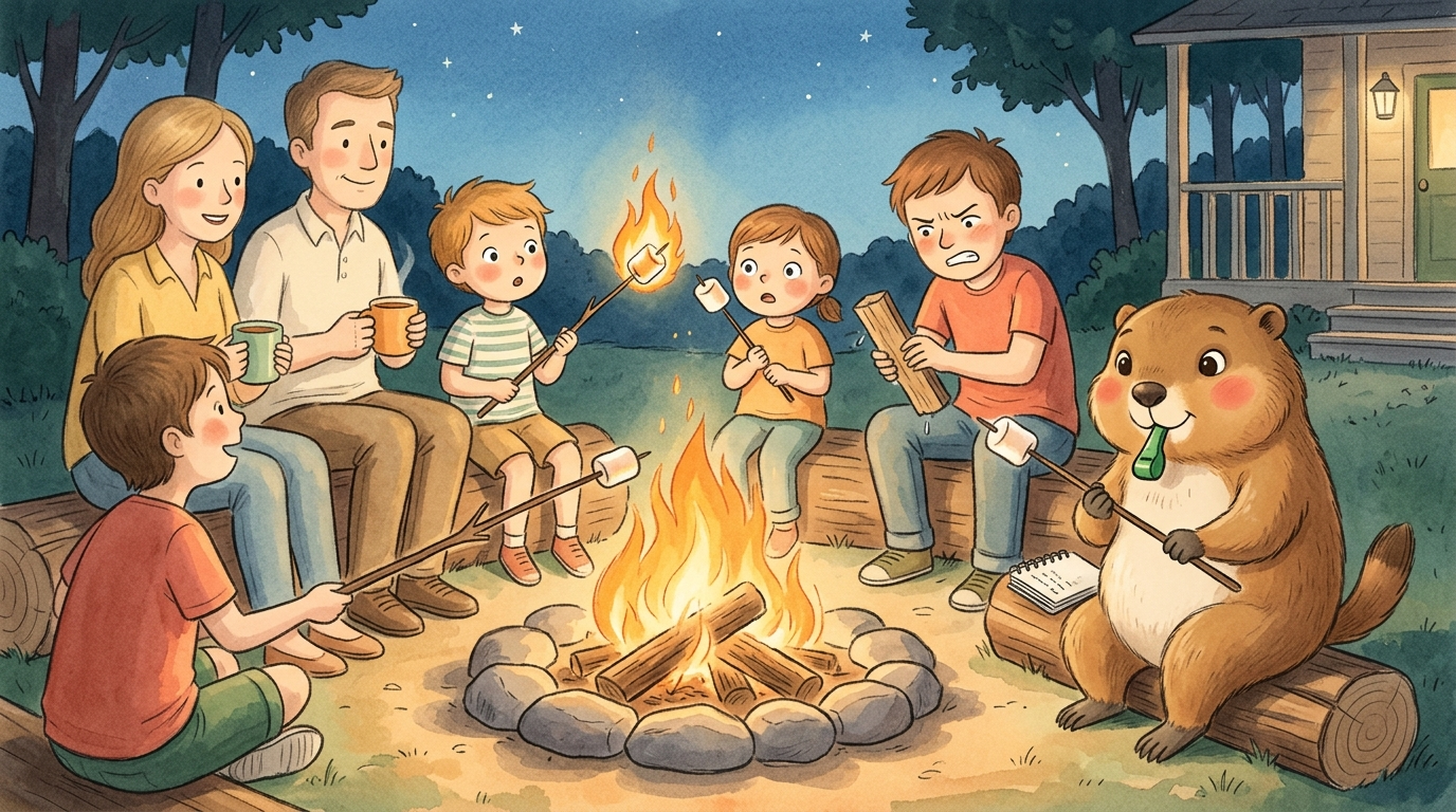 Handgezeichnete Kinderbuch-Szene: Eine Familie sitzt abends um ein kleines Lagerfeuer im Ferienhausgarten, Kinder halten Marshmallow-Stöcke ins Feuer, ein Erwachsener versucht mit einem feuchten Holzstück das Feuer anzufachen, Murmeli sitzt auf einem Baumstumpf mit konzentriertem Blick und einem Marshmallow-Stick