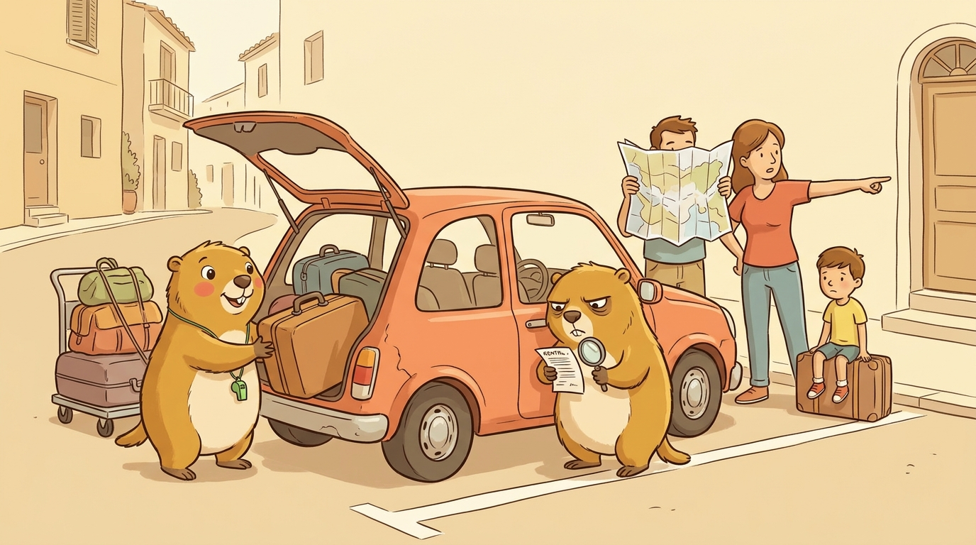 Handgezeichnete Kinderbuch-Szene: Ein kleines Mietauto parkt schräg auf einem Parkplatz in Südeuropa. Eine Familie steht drumherum — einer hält eine zu groß aufgefaltete Papierkarte, ein anderer zeigt in die entgegengesetzte Richtung. Koffer stapeln sich auf einem Gepäckwagen. Murmeli versucht optimistisch einen Koffer in den vollen Kofferraum zu quetschen. Grummeli lehnt am Auto und liest mit Lupe den Mietvertrag.