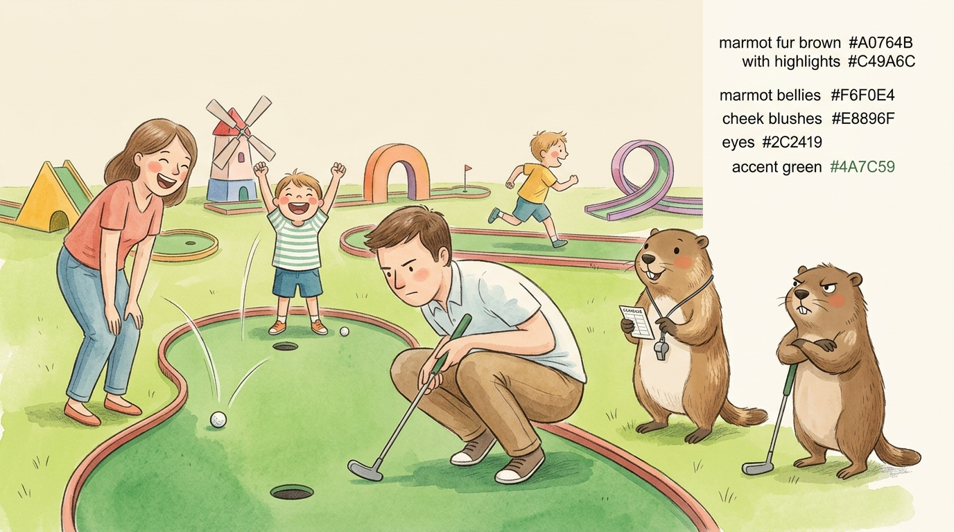 Handgezeichnete Kinderbuch-Szene: Familie beim Minigolf, Vater kauert konzentriert über den Ball, Mutter lacht über ihren verirrten Schlag, Kind jubelt über Hole-in-One, Murmeli hält Scorekarte mit Trillerpfeife, Grummeli lehnt grummelnd am Schläger