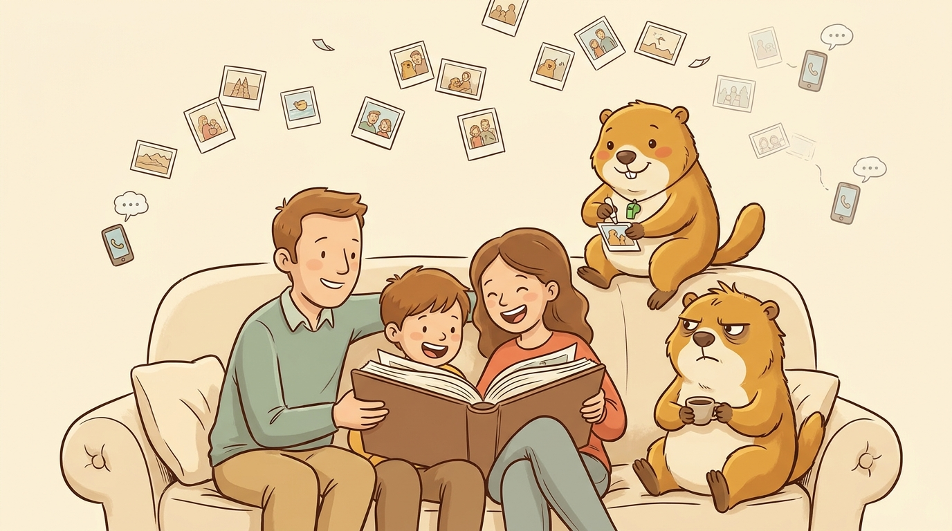 Handgezeichnete, warme Kinderbuch-Szene: eine Familie sitzt nach dem Urlaub gemütlich auf dem Sofa und blättert gemeinsam in einem dicken, schön gestalteten Fotobuch, lacht über ein Bild. Über ihnen schweben verstreut viele kleine Foto-Schnappschüsse wie Konfetti, einige verblassen Richtung Handy-Symbole mit Chat-Wolken (die verlorenen Bilder). Murmeli sitzt warm lächelnd auf der Sofalehne und klebt liebevoll ein Foto ins Buch, Grummeli sitzt daneben — ausnahmsweise ohne Strichliste, mit einem kleinen, fast gerührten Lächeln und einer Espressotasse. Sanfte Sprechblase der Familie: 'Weißt du noch?', Murmelis Kommentar daneben: 'Genau dafür hebt man sie auf.'
