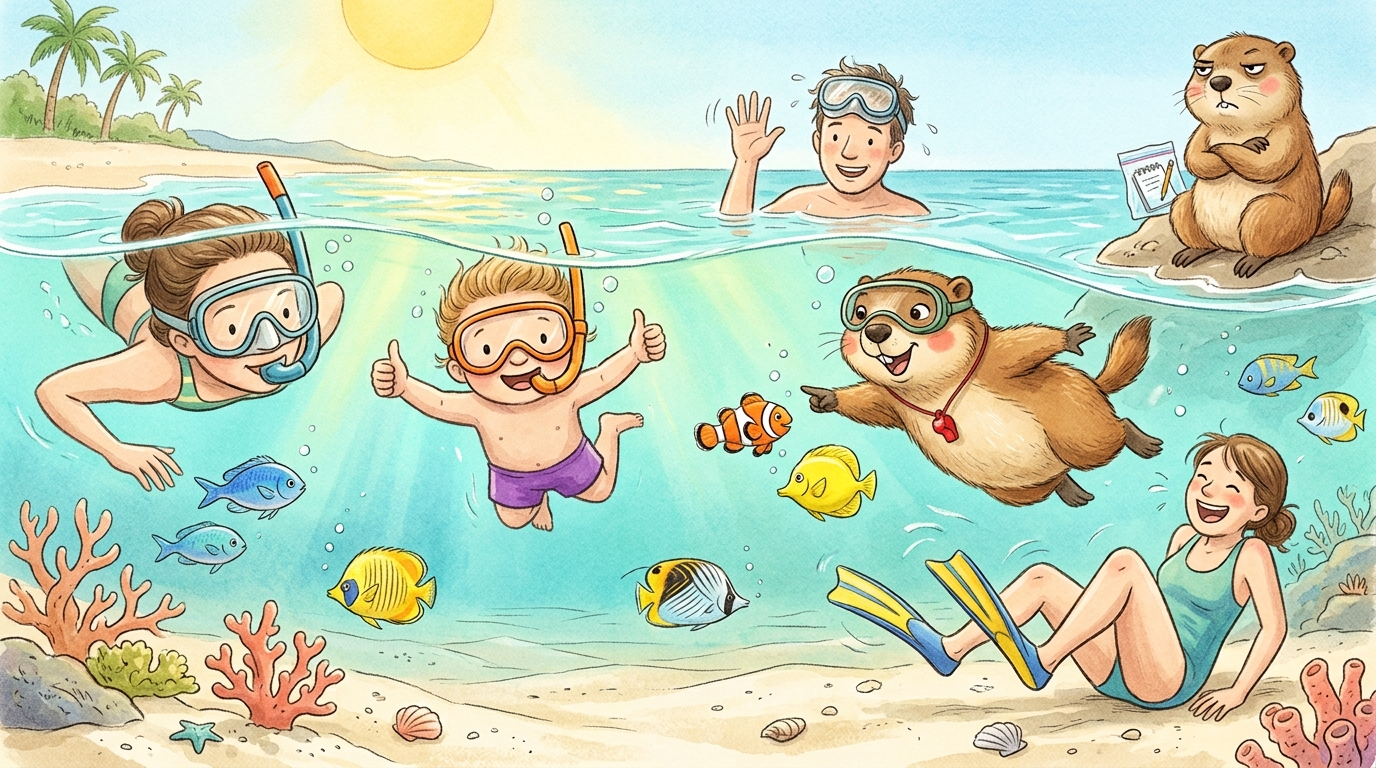 Handgezeichnete Kinderbuch-Szene: Eine Familie schnorchelt im türkisen Flachwasser, eine Person winkt mit beschlagener Maske von der Oberfläche, ein Kind macht begeistert Daumen hoch. Murmeli mit Minimaske schwimmt neben einem bunten Fisch. Grummeli beobachtet von der Oberfläche mit einem wasserdicht verpackten Notizbuch.
