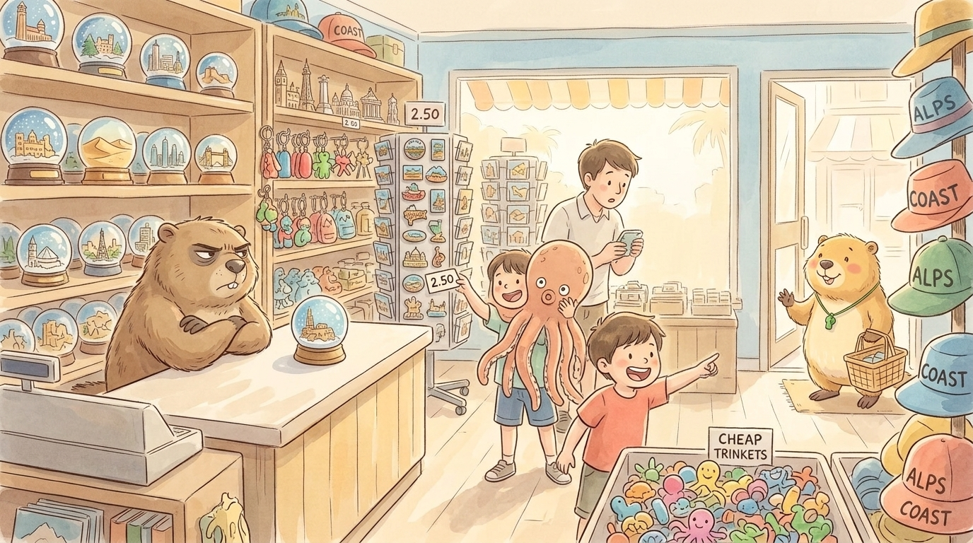 Handgezeichnete Kinderbuch-Szene: eine bunte Souvenirladen-Innenansicht mit überfüllten Regalen voller Schneekugeln, Magneten und Schlüsselanhänger; eine Familie schaut fasziniert und erschöpft; Murmeli hält einen Einkaufskorb; Grummeli lehnt mit verschränkten Armen an der Theke und betrachtet eine Schneekugel mit hochgezogener Augenbraue