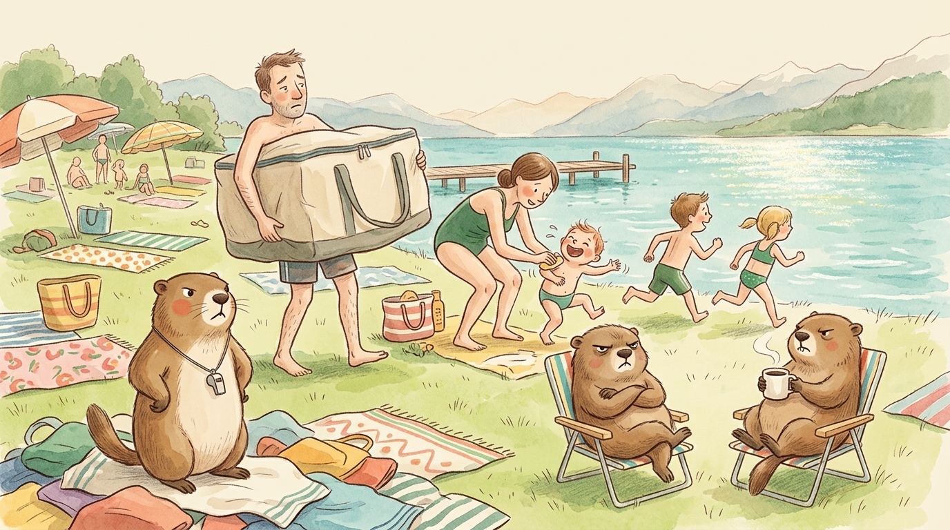 Handgezeichnete Kinderbuch-Szene: überfüllte Liegewiese am See, Vater schleppt riesige Kühlbox, Mutter cremt Kind ein, Kinder rennen zum Wasser, Murmeli bewacht Handtücher mit Pfeife, Grummeli sitzt mit Kaffee auf einem Klappstuhl