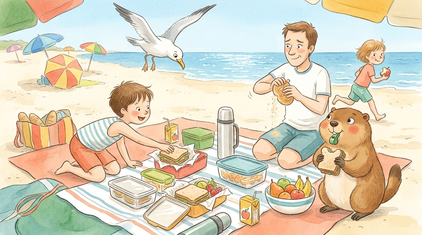 Handgezeichnete Kinderbuch-Szene: Sonniger Strand, eine Familie sitzt auf einer grossen Decke mit Picknickzubehör, ein Kind greift nach einem Sandwich während eine Möwe von oben angreift, Murmeli bewacht die Obstschüssel mit ernstem Blick