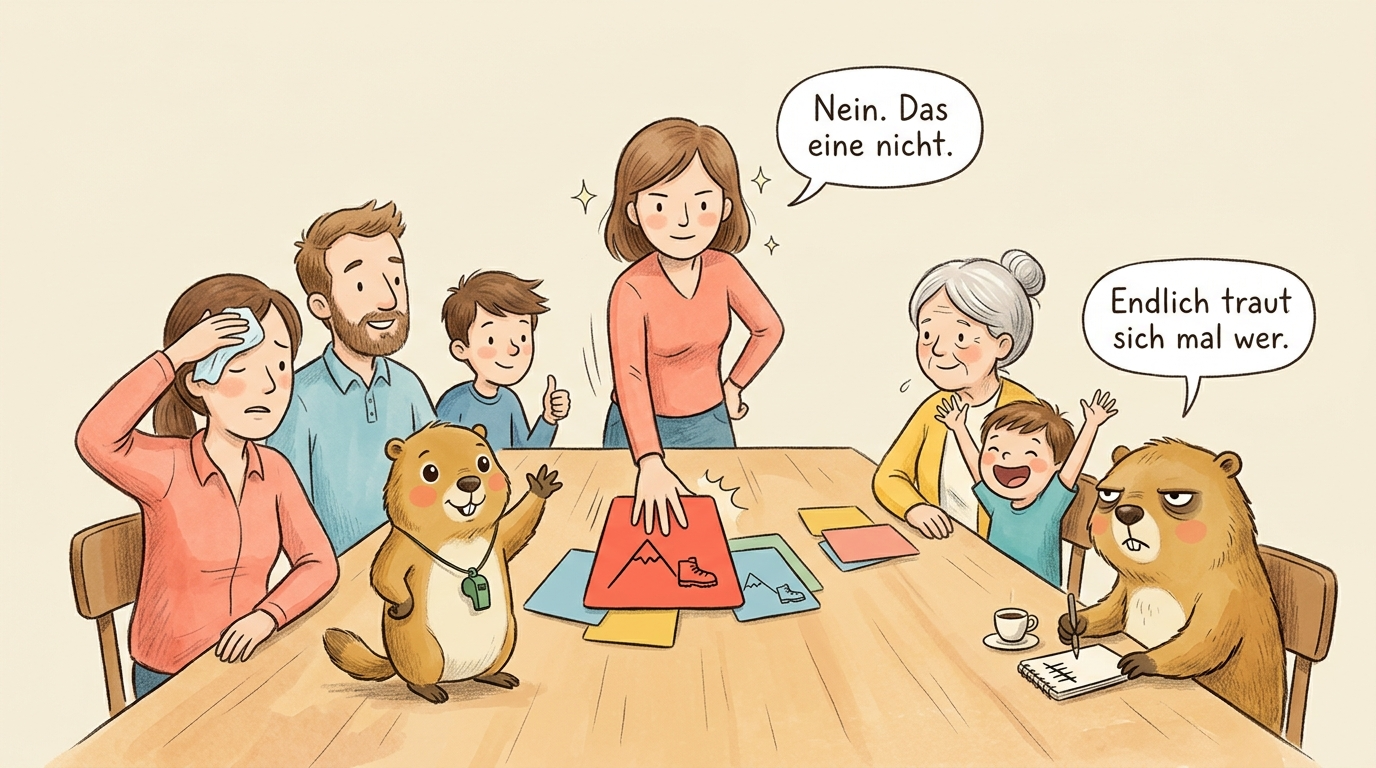 Handgezeichnete Kinderbuch-Szene: eine Familie am Tisch beim Abstimmen, die Mutter steht auf und legt entschlossen eine rote Veto-Karte hin, die anderen reagieren erleichtert und dankbar; Murmeli steht mit erhobener Pfote auf dem Tisch, Grummeli sitzt mit Espresso daneben und macht einen zufriedenen Strich. Sprechblasen: 'Nein. Das eine nicht.' und 'Endlich traut sich mal wer.'