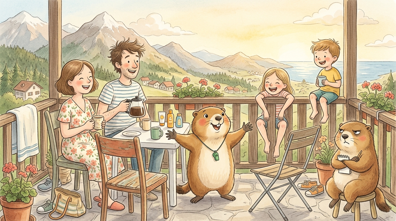 Handgezeichnete Kinderbuch-Szene: Ein kleiner überfüllter Ferienhaus-Balkon mit Bergblick, darauf eine vierköpfige Familie, Kaffeetassen und Sonnencremeflaschen. Murmeli koordiniert die Sitzordnung mit ausgestreckten Pfoten. Grummeli macht Notizen in einer Ecke.