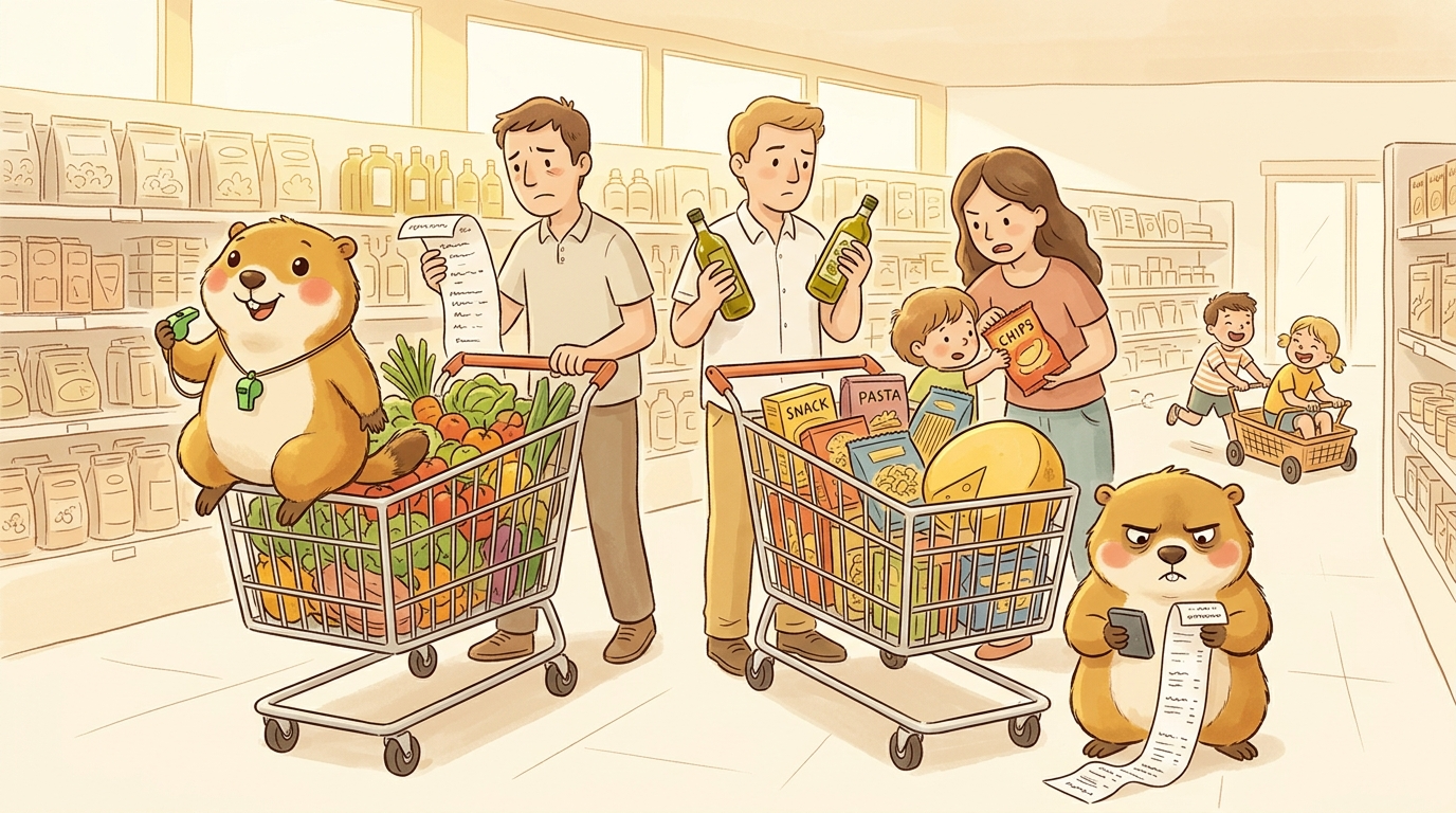 Handgezeichnete Kinderbuch-Szene: Das Innere eines sonnigen Urlaubssupermarkts. Drei Erwachsene schieben zwei überfüllte Einkaufswagen durch eine breite Regalreihe. Einer hält eine lange Einkaufsliste, ein anderer debattiert zwischen zwei Olivenölflaschen, ein dritter versucht ein Kind davon abzuhalten, eine dritte Chipstüte in den Wagen zu legen. Murmeli sitzt auf dem Wagen und dirigiert mit der Trillerpfeife. Grummeli steht davor mit Taschenrechner und studiert bereits den Kassenbon.