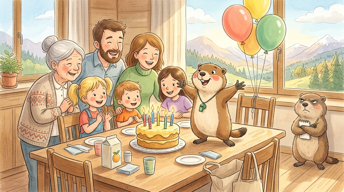 Handgezeichnete Kinderbuch-Szene: Ferienwohnungs-Esstisch mit einer einfachen Supermarkt-Torte, bunten Kerzen, rundherum fröhliche Familienmitglieder verschiedener Altersgruppen. Murmeli steht auf dem Tisch und leitet das Fest mit ausgestreckten Pfoten. Grummeli hält im Hintergrund ein Notizbuch und beobachtet mit hochgezogener Augenbraue.