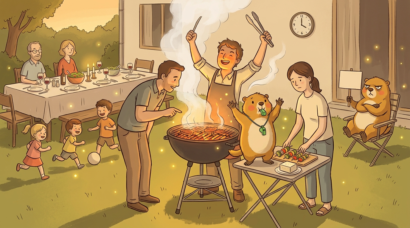 Handgezeichnete Kinderbuch-Szene: Ein sommerlicher Abend im Garten eines Ferienhauses. Ein selbsternannter Grillmeister steht mit Zange vor einem dampfenden Holzkohlegrill. Eine Person zeigt beratend auf den Rost, eine andere arrangiert Gemüsespieße und Tofu auf einem Nebentisch. Im Hintergrund wartet eine gedeckte Tafel. Murmeli steht auf dem Grilltisch und pfeift die Ausgabe ein. Grummeli sitzt mit verschränkten Armen am Tisch und starrt auf die Uhr.