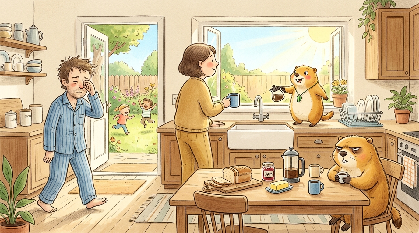 Handgezeichnete Kinderbuch-Szene: Die Küche eines sonnigen Ferienhauses am Morgen. Ein Erwachsener steht bereits fertig angezogen mit Kaffeebecher am Fenster und blickt hinaus. Ein anderer schleppt sich noch im Schlafanzug an den Tisch. Kinder toben schon im Garten. Murmeli steht auf der Fensterbank und schwenkt eine kleine Kaffeekanne. Grummeli sitzt am Tisch, Augen halb geschlossen, Espressotasse fest in beiden Pfoten.