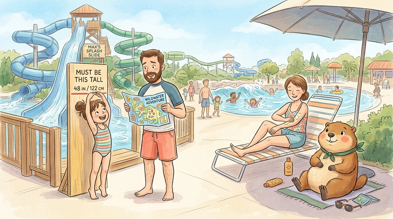 Handgezeichnete Kinderbuch-Szene: Familie am Wasserpark — ein Kind reckt sich aufgeregt beim Eingang der grossen Rutsche, Vater hält skeptisch einen Lageplan, Mutter cremt sich am Pool ein, während Murmeli entspannt auf einem Lieblingsplatz im Schatten sitzt
