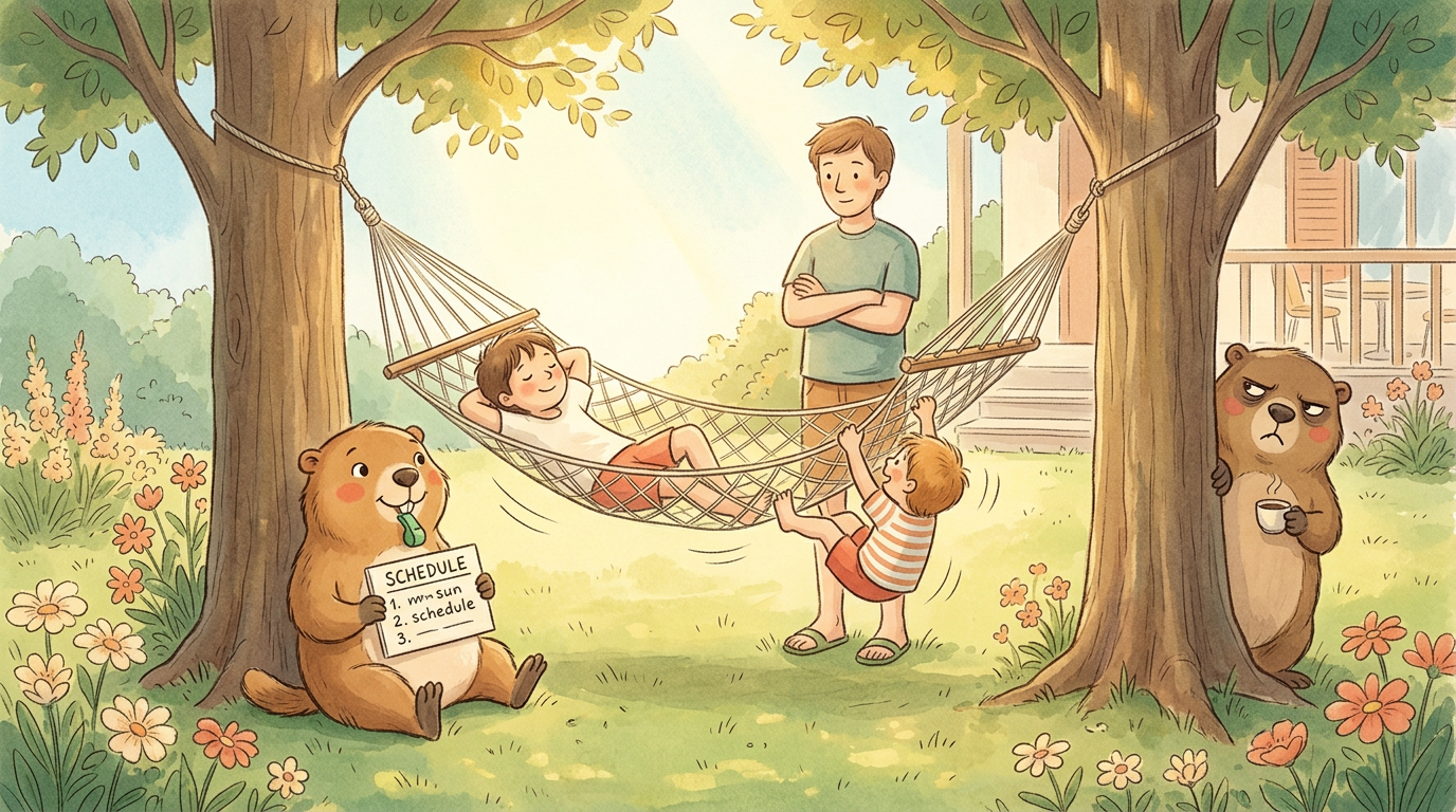 Handgezeichnete Kinderbuch-Szene: Hängematte zwischen zwei Bäumen, ein Kind liegt darin, ein Erwachsener wartet mit verschränkten Armen, ein zweites Kind hängt am Rand und lässt die Hängematte schwanken, Murmeli sitzt im Gras mit einem handgeschriebenen Schichtplan