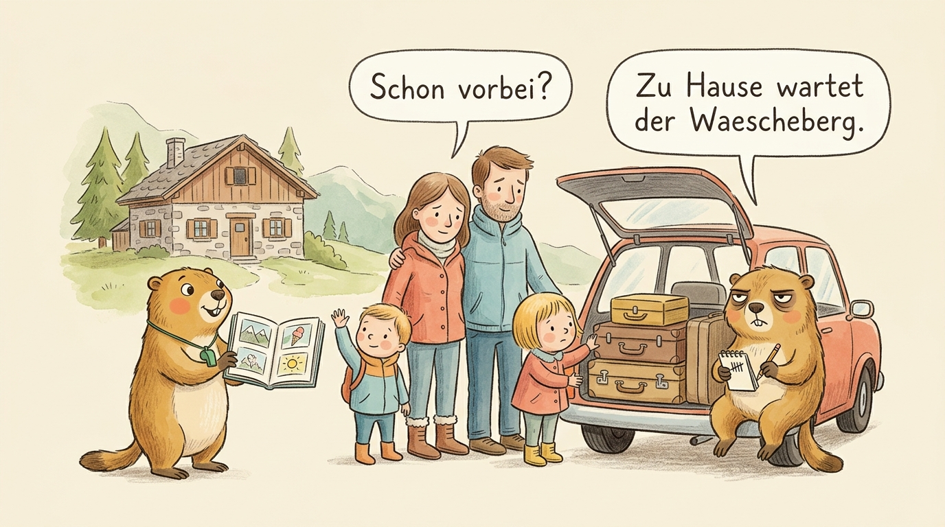 Handgezeichnete Kinderbuch-Szene: eine Familie laedt Koffer ins Auto vor einem Ferienhaus und blickt wehmuetig zurueck, ein Kind winkt dem Haus; Murmeli haelt ihnen ein aufgeschlagenes Foto-Reisebuch hin, damit die Erinnerungen nicht verloren gehen, Grummeli sitzt mit Espresso auf dem Kofferraum und fuehrt Strichliste. Familien-Sprechblase: 'Schon vorbei?', Grummelis trockener Kommentar daneben: 'Zu Hause wartet der Waescheberg.'
