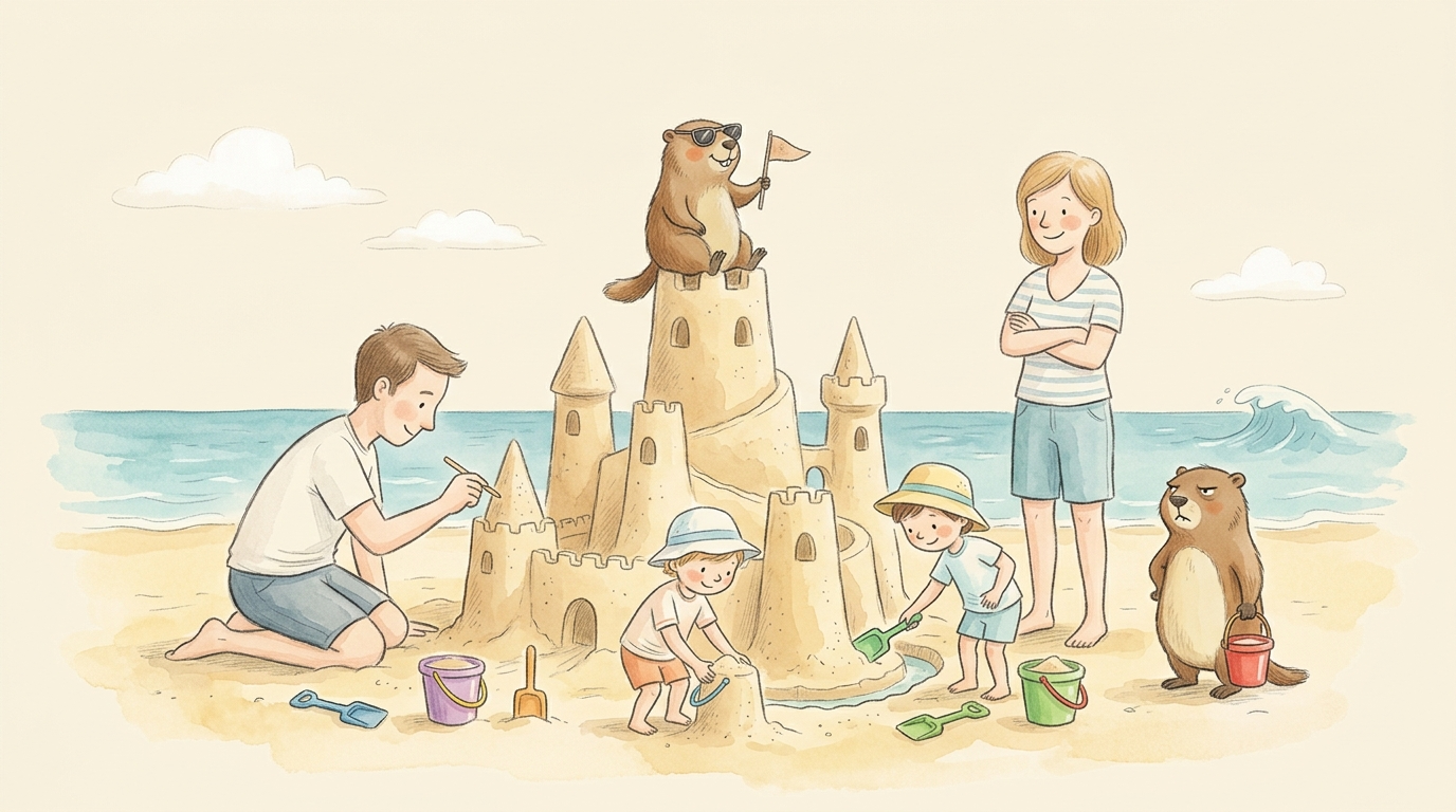 Handgezeichnete Kinderbuch-Szene: Familie baut Sandburg am Strand, Murmeli mit Sonnenbrille thront als Flagge oben drauf, Grummeli beobachtet mit Eimer eine Welle am Horizont