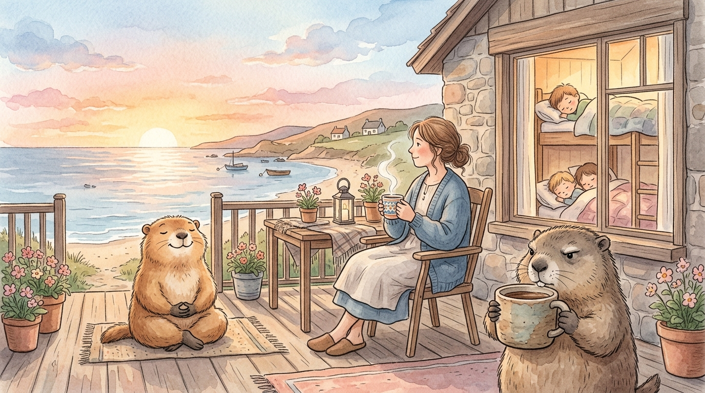 Handgezeichnete Kinderbuch-Szene: ein Ferienhaus am frühen Morgen, Tagesanbruch; im Vordergrund sitzt eine Mutter mit Tee auf der Terrasse, schaut aufs Meer, lächelt; hinten sieht man durch das Fenster die schlafenden Kinder; der Himmel ist orange-rosa; Murmeli sitzt mit geschlossenen Augen meditierend neben ihr, Grummeli hält einen großen Kaffee in beiden Pfoten und nickt zustimmend