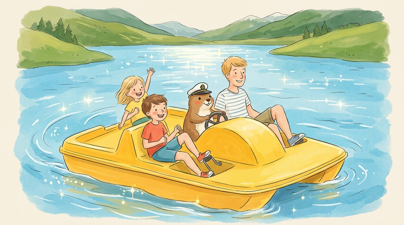 Handgezeichnete Kinderbuch-Szene: Eine Familie auf einem knallgelben Tretboot auf einem türkisblauen See, alle treten gleichzeitig in verschiedene Richtungen, Murmeli mit Kapitänsmütze am Steuer, Grummeli steht auf dem Steg und schaut mit verschränkten Armen zu.