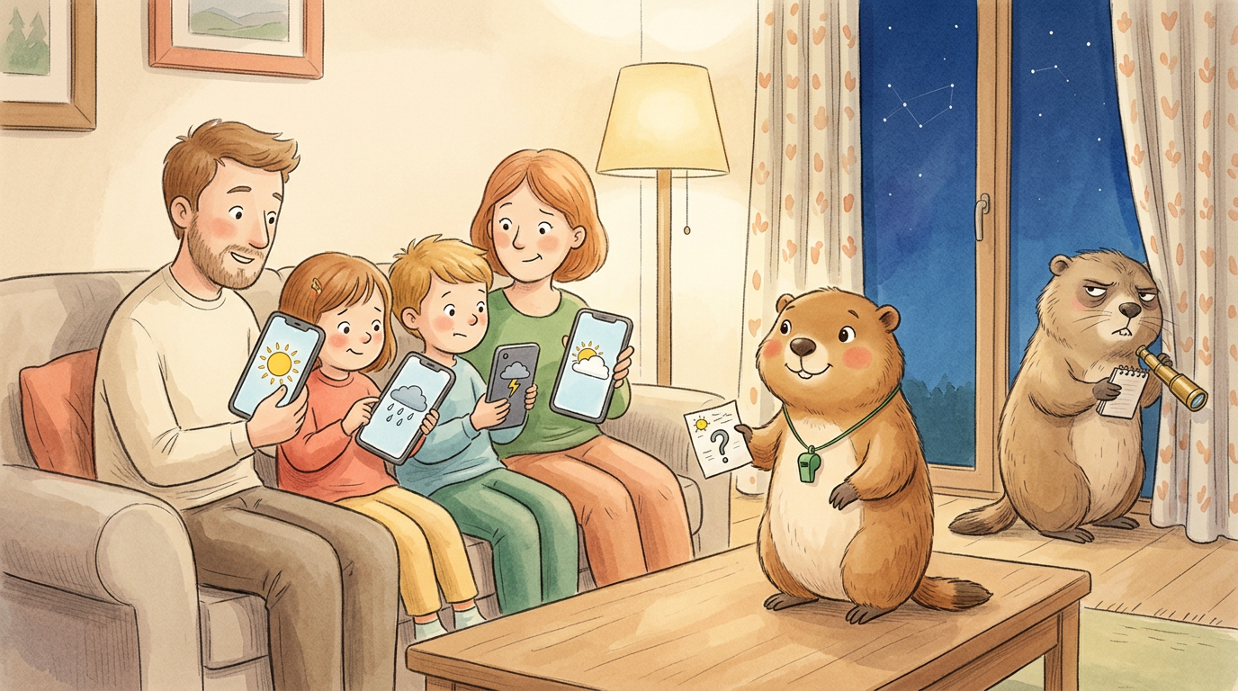 Handgezeichnete Kinderbuch-Szene: Familie sitzt abends zusammen auf dem Sofa, alle vier halten ihr Handy hoch und zeigen sich gegenseitig verschiedene Wetter-Icons — Sonne, Wolke, Regen, Gewitter. Murmeli steht auf dem Couchtisch mit einem winzigen handgeschriebenen Wetterzettel, Grummeli schaut von der Seite mit Fernglas und Notizblock.