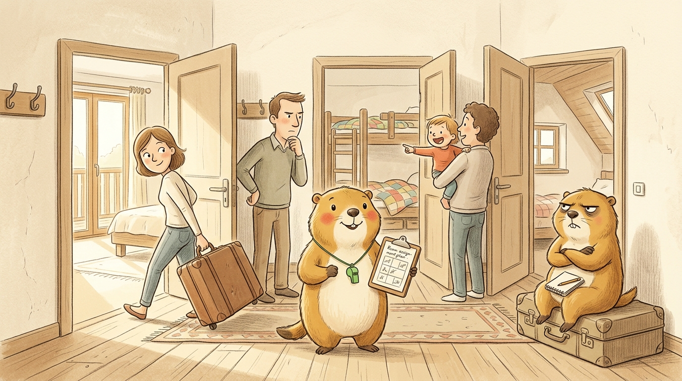 Handgezeichnete Kinderbuch-Szene: Der Flur eines Ferienhauses, mehrere Schlafzimmertüren stehen offen. Erwachsene lugen in verschiedene Zimmer — eines mit Balkon, eines mit Etagenbetten, eines mit Dachschräge. Murmeli steht mit Klemmbrett in der Mitte des Flurs. Grummeli sitzt auf einem Koffer, Arme verschränkt, und beobachtet alles mit neutralem Gesicht.