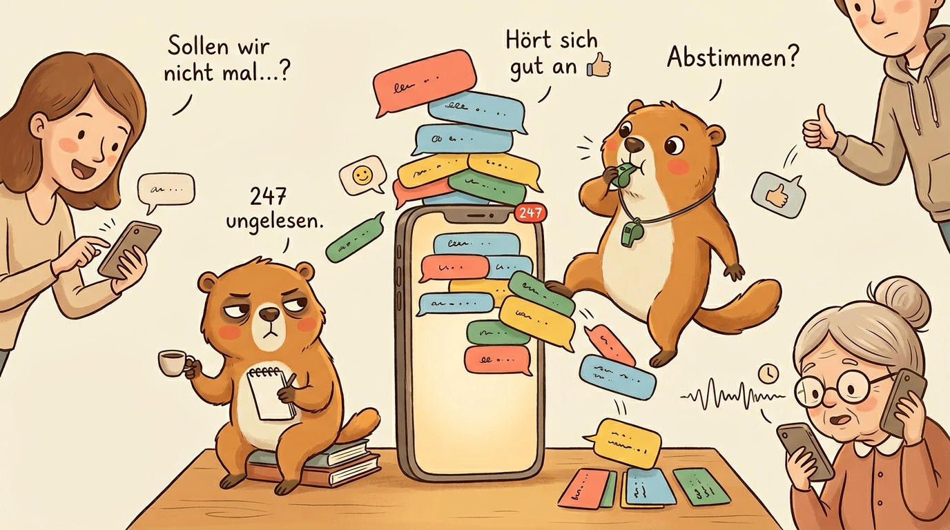 Handgezeichnete Kinderbuch-Szene: ein grosses Smartphone quillt ueber mit einem Turm aus bunten Chat-Blasen, oben drauf steht Murmeli mit Trillerpfeife und zieht drei Blasen zu einer ordentlichen Abstimmungs-Reihe; links sitzt Grummeli mit Espresso auf einem Buecherstapel und fuehrt Strichliste ueber die 247 ungelesenen Nachrichten; eine Mutter tippt, eine Oma nimmt eine lange Sprachnachricht auf, ein Teenager wirft ein Daumen-hoch in den Haufen. Sprechblasen: 'Sollen wir nicht mal...?', '247 ungelesen.', 'Hoert sich gut an', 'Abstimmen?'.
