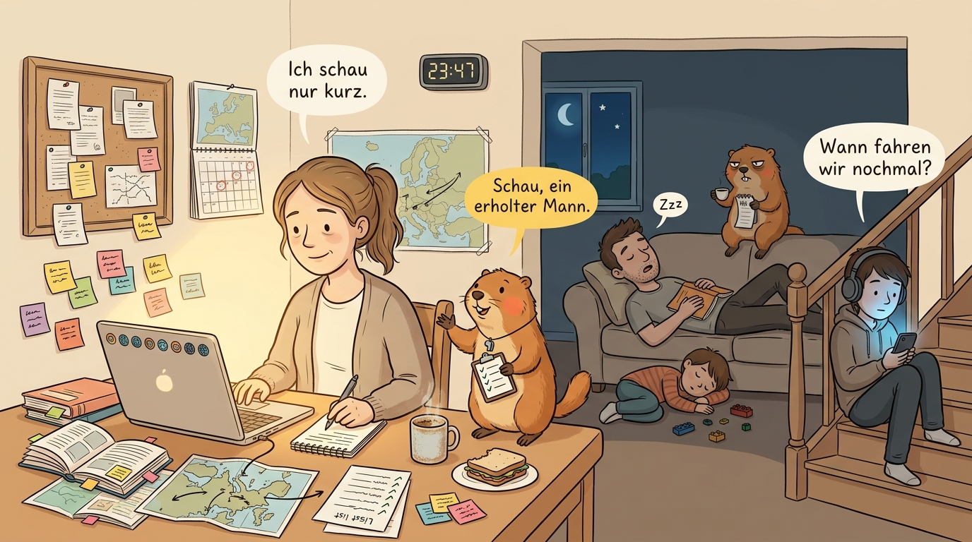 Mutter sitzt nachts um 23:47 am Küchentisch vor 12 Tabs, umgeben von Reiseführern, Post-its und einem kalten Kaffee; Vater schläft auf der Couch nebenan mit aufgeschlagenem Buch; Teenager auf der Treppe ins Handy versunken; Murmeli hilft mit einer kleinen Klemmbrett-Checkliste, Grummeli sitzt auf der Couchlehne über dem schlafenden Vater mit Espresso und führt Strichliste