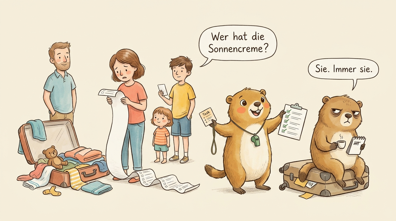 Handgezeichnete Kinderbuch-Szene: ein offener Koffer quillt ueber, daneben eine Mutter mit einer endlos langen Zettel-Liste in der Hand, waehrend der Rest der Familie entspannt danebensteht; Murmeli haelt eine ordentliche Haken-Liste hoch und verteilt kleine Aufgaben-Kaertchen an alle, Grummeli sitzt mit Espresso auf dem Koffer und fuehrt Strichliste, was vergessen wurde. Familien-Sprechblase: 'Wer hat die Sonnencreme?', Grummelis trockener Kommentar daneben: 'Sie. Immer sie.'