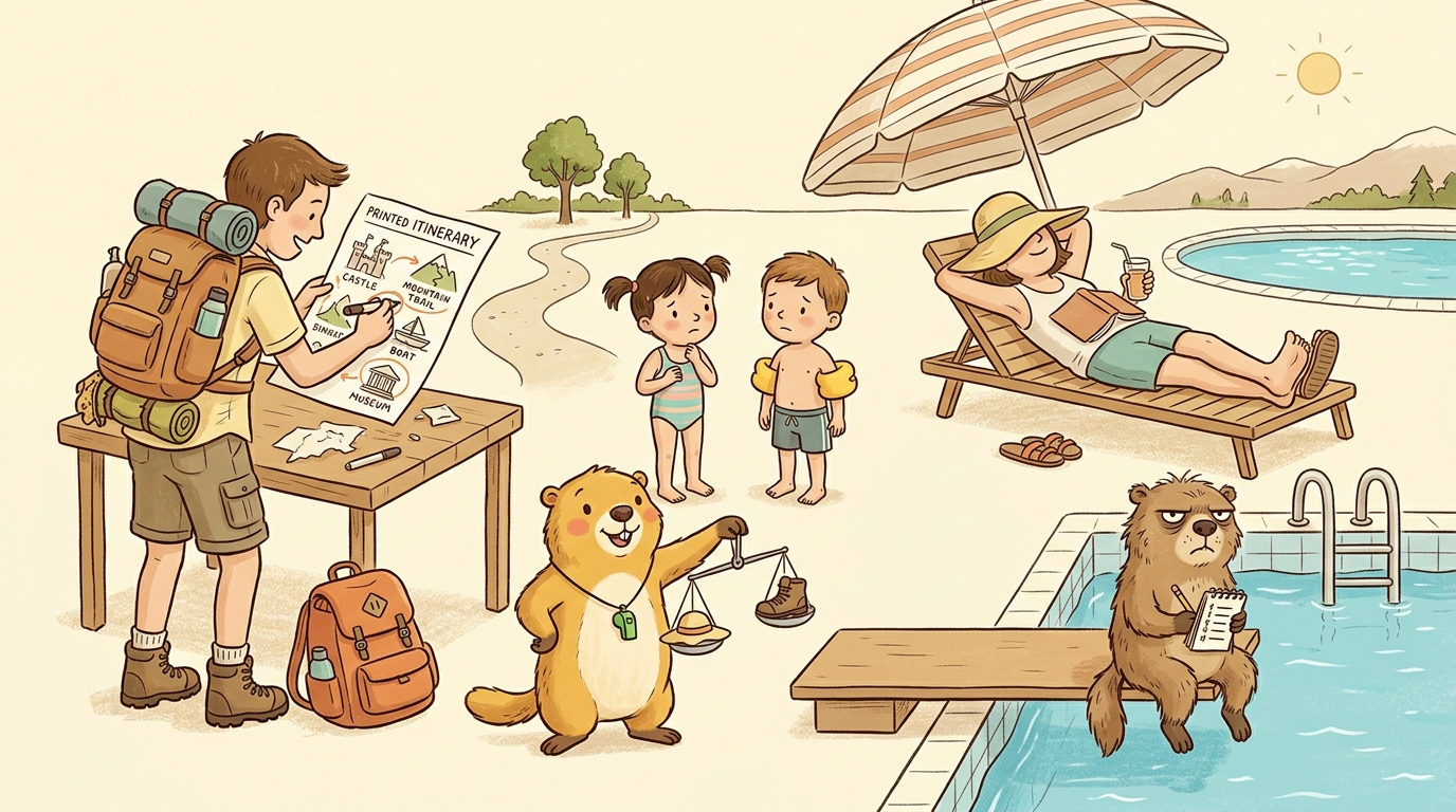 Handgezeichnete Kinderbuch-Szene: Ein sonniger Poolbereich, in der Mitte geteilt. Links steht ein aufgeregter Elternteil mit Wanderschuhen an einem Tisch, auf dem ein ausgedruckter Wochenplan liegt — Burg, Museum, Kajaktour eingekreist. Rechts liegt ein entspannter Elternteil auf einer Liege unter einem Sonnenschirm, Hut übers Gesicht, Drink in der Hand. Dazwischen zwei Kinder, unschlüssig. Murmeli steht zwischen den Lagern und hält eine kleine Waage mit Sonnenhut und Wanderschuh. Grummeli sitzt am Sprungbrett mit einer Strichliste und beobachtet das Patt amüsiert.