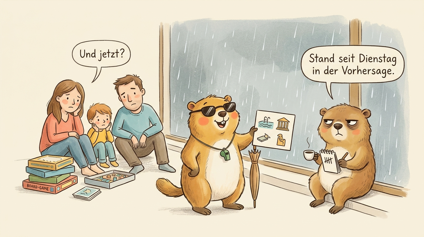 Handgezeichnete Kinderbuch-Szene: draussen prasselt Regen ans Fenster eines Ferienhauses, drinnen sitzt eine gelangweilte Familie zwischen Brettspielschachteln; Murmeli steht mit Sonnenbrille und Regenschirm da und zaubert eine alternative Abstimmungs-Karte mit Hallenbad und Museum, Grummeli sitzt mit Espresso am Fenster und fuehrt Strichliste der Seufzer. Familien-Sprechblase: 'Und jetzt?', Grummelis trockener Kommentar daneben: 'Stand seit Dienstag in der Vorhersage.'