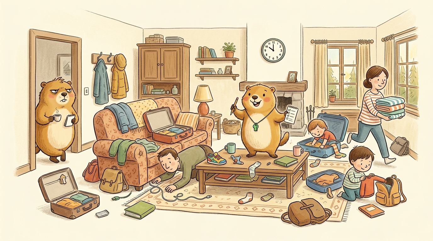 Handgezeichnete Kinderbuch-Szene: ein Ferienhaus-Wohnzimmer am Abreisemorgen im völligen Chaos. Halb gepackte Koffer überall offen, Kleidung über Stühlen, ein einzelner Kinderschuh auf dem Tisch, jemand kriecht unter das Sofa auf der Suche nach einem Ladekabel, ein Erwachsener rennt mit einem Stapel feuchter Handtücher durch den Raum, an der Wand eine Uhr, die kurz vor zehn zeigt. Murmeli steht auf dem Couchtisch mit Trillerpfeife und einer Checkliste und versucht zu dirigieren, Grummeli lehnt im Türrahmen mit Espresso und führt Strichliste. Familien-Sprechblase: 'Wem gehört der Schuh?', Grummelis Kommentar daneben: 'Niemandem. Wie jedes Jahr. Strich.'