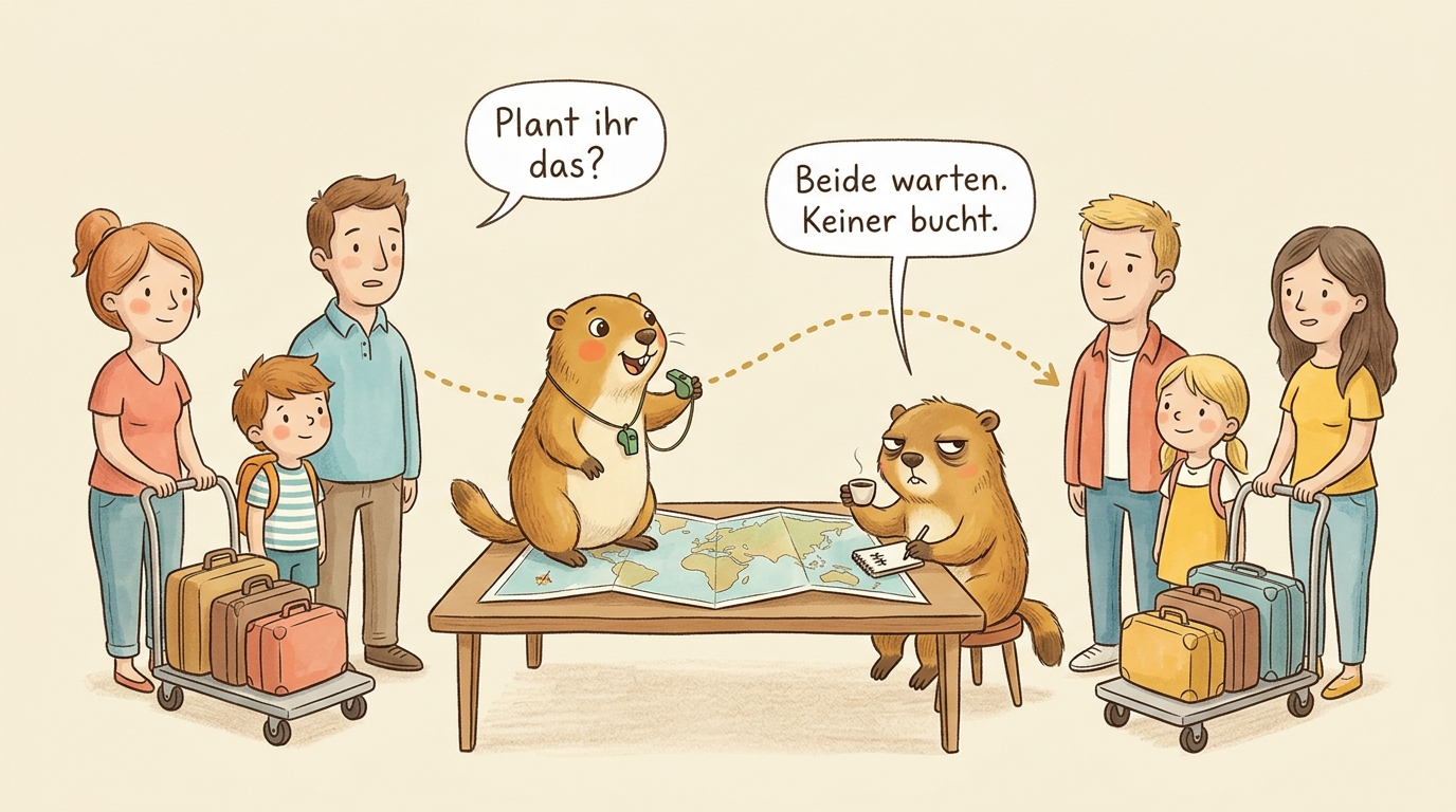 Handgezeichnete Kinderbuch-Szene: zwei Familien stehen sich mit je einem eigenen Koffer-Wagen gegenueber, dazwischen ein gemeinsamer Tisch mit einer grossen Landkarte; Murmeli steht mit Trillerpfeife auf dem Tisch und verbindet beide Seiten mit einer gepunkteten Routen-Linie, Grummeli sitzt am Rand mit Espresso und fuehrt Strichliste, wer schon wieder nichts vorgeschlagen hat. Familien-Sprechblase: 'Plant ihr das?', Grummelis trockener Kommentar daneben: 'Beide warten. Keiner bucht.'