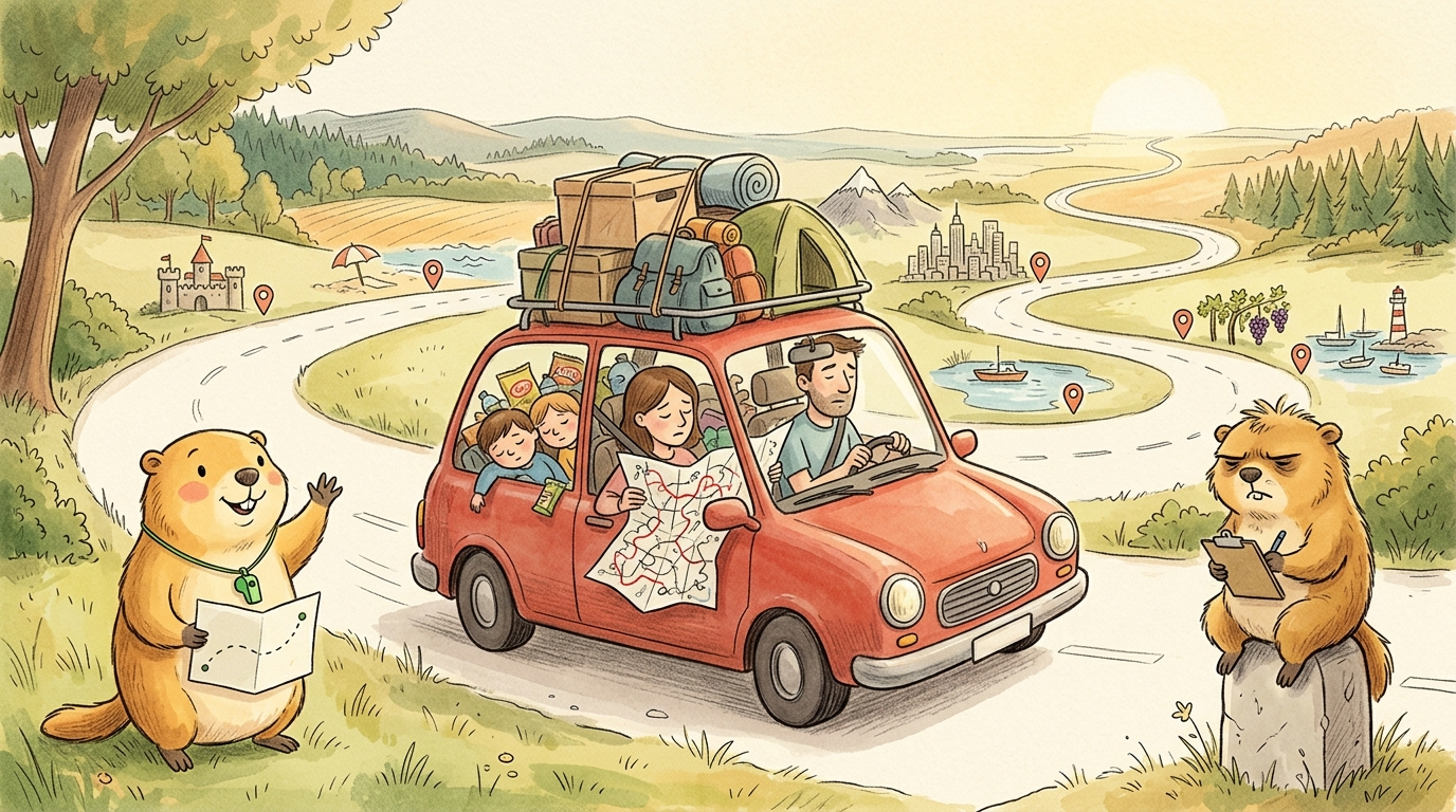 Handgezeichnete Kinderbuch-Szene: Eine kurvenreiche Strasse, auf der ein vollbepacktes Auto mit sieben markierten Reisezielen entlangfährt. Die Familie im Auto wirkt erschöpft. Murmeli steht am Strassenrand mit einer einfachen Karte, die nur zwei Ziele zeigt. Grummeli sitzt auf einem Meilenstein und hält Buch.
